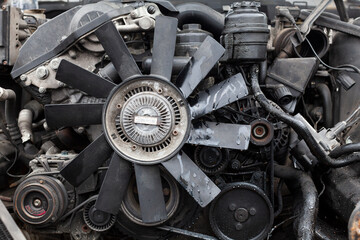 Mechanic Garage trash Car Motor Parts Waiting For Recycle process