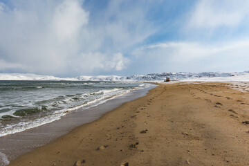 Shore near Teriberka. Barents Sea bay winter landscape. Russia.