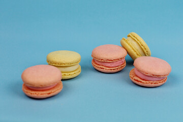 A close-up of a colorful almond cookie cake or pasta isolated in vintage pastel colors on a blue background with a space to copy. Small French pastries. 