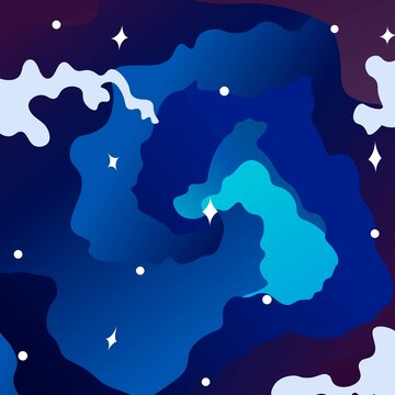 Starry night sky. Blue space. Dark blue sky with light clouds. Vector image, space background.