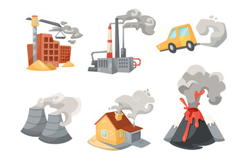 Sources of outdoor air pollution vector illustrations set. Cartoon drawings of air pollution sources in city, smoke from homes, industrial buildings isolated on white background. Environment concept