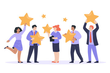 Satisfied customers holding stars in hands. Business people sharing experience, adults choosing best service or app flat vector illustration. Satisfaction rating concept for banner, website design
