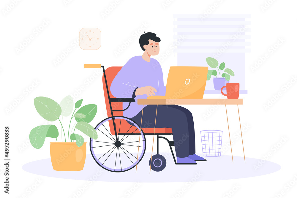 Poster smiling worker in wheelchair working at computer at workplace. man with physical disability, home of