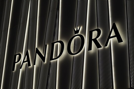 Shanghai,China-Jan.1st 2022: close up Pandora store sign. Danish jewellery manufacturer and retailer