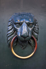 Lion head knocker on metal door