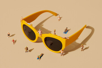pair of sunglasses and miniature people - obrazy, fototapety, plakaty