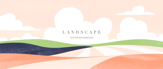  Abstract landscape background. Panorama view wallpaper in minimal style design with field, meadow, sky and cloud in pastel color. For prints, interiors, wall art, decoration, covers, and banners. © TWINS DESIGN STUDIO