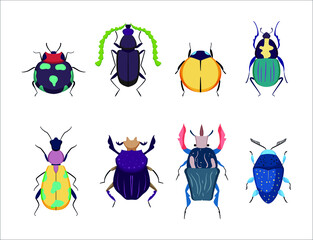 Set of bright beetles. Collection of insects