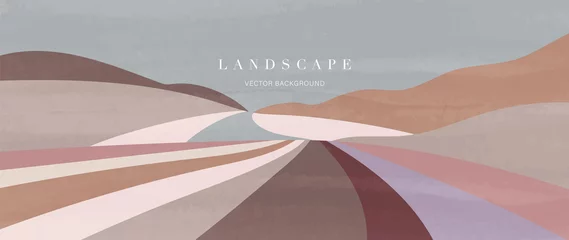 Poster Abstract landscape background. Panorama view wallpaper in minimal style with field, meadow, road and mountain in earth tone color. For prints, interiors, wall art, decoration, covers, and banners. © TWINS DESIGN STUDIO