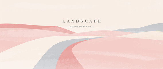 Abstract pink landscape background. Panorama view wallpaper in minimal style with hill, desert, sand in pastel color. For prints, interiors, wall art, decoration, covers, and banners.