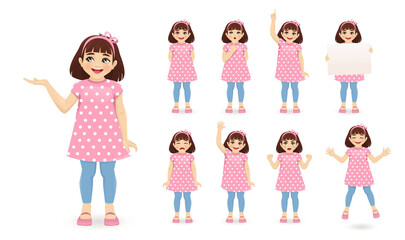 Smiling little girl in different poses set. Various kid gestures - showing, thinking, angry, crying, jumping, welcoming, holding blank board and making idea pointing up isolated vector illustration