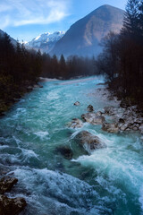 Alpine River Soa winter morning colours Slovenia