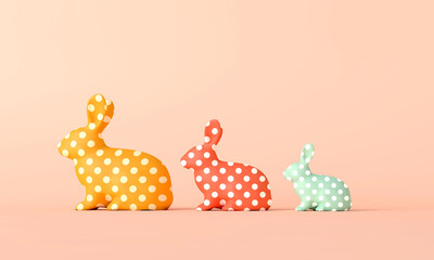 Spring time easter bunnies in a line with a spotted pattern. 3D Rendering