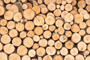 Wood pile reserve for the winter. Pile of chopped firewood. Background texture wood. Wood chips