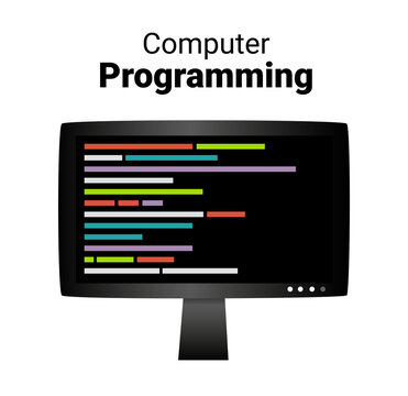 Vector icon of computer programming concept. Illustration of LCD monitor with code on the screen. Programming, coding, writing program, software development. The icon is isolated on a white background