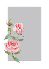 Vertical frame with a bouquet of pink rose flowers. Beautiful flower arrangement. Hand drawn watercolor painting on gray background for greeting, wedding invitations, cards, labels, banners.