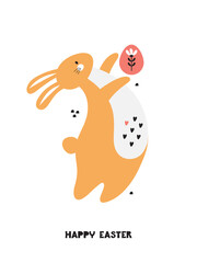 Happy Easter. Banner, greeting card, poster with congratulatory typography. Cute bunny with an Easter egg. Cartoon character funny hare. Hand drawn illustration in modern minimal scandinavian style.