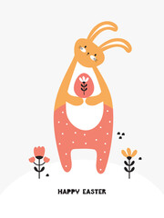 Happy Easter. Banner, greeting card, poster with congratulatory typography. Cute bunny with an Easter egg. Cartoon character funny hare. Hand drawn illustration in modern minimal scandinavian style.