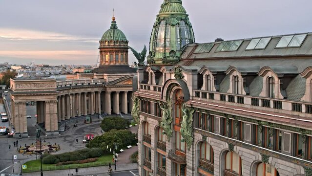 Aerial view of Nevsky prospekt.Old building of Kazan Cathedral and Zinger house.