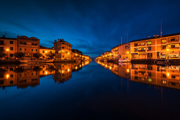 Old harbour of Grado town in panorama idyllic - obrazy, fototapety, plakaty