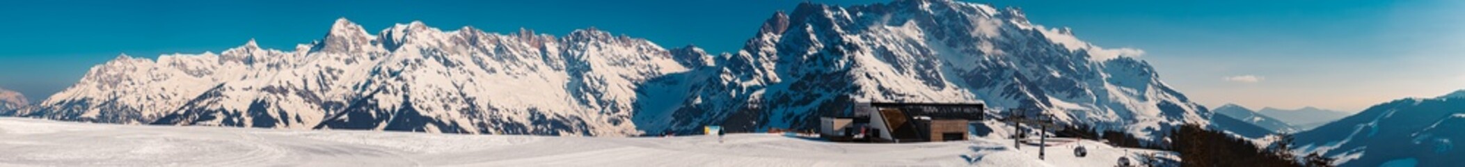 High resolution winter panorama with the famous Hochkoenig summit in the background at Maria Alm,...