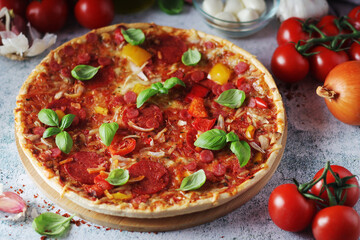 Pizza with salami and basil	