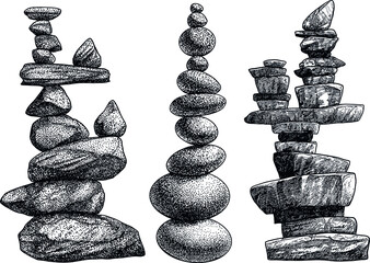 Stack of stones illustration, drawing, engraving, ink, line art, vector - 497295266