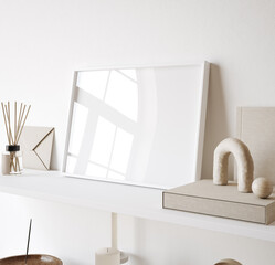 Mock up poster frame close up in living room interior, Scandinavian style, 3d render