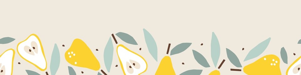 Seamless pear border. Fruits with leaf hand drawn sketch isolated. Whole fruit and cut half. Silhouette vector illustration for wallpaper. Food template for menu, juice label, nursery design.