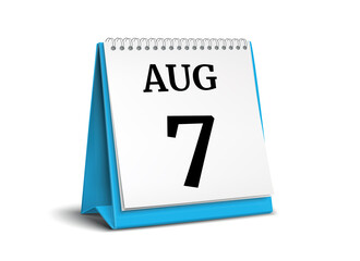 August 7. Calendar on white background. 3D illustration.