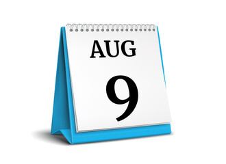 August 9. Calendar on white background. 3D illustration.