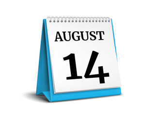 August 14. Calendar on white background. 3D illustration.
