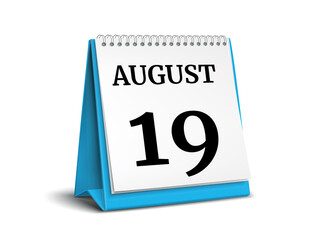 August 19. Calendar on white background. 3D illustration.