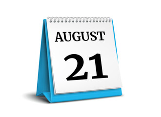 August 21. Calendar on white background. 3D illustration.