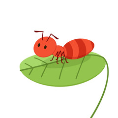Ant character vector. Ant on white background. Ant on the leaf.