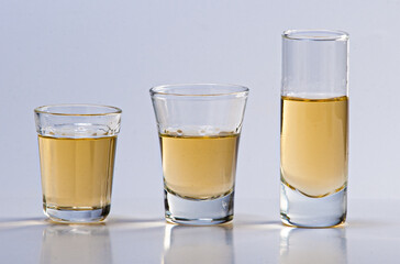 Glass cups for serving sugar cane brandy, a typical Brazilian drink