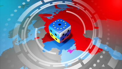 EU response to Russia's invasion of Ukraine. A dice with the flags of Ukraine, Russia and EU on a map background.