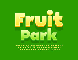 Vector bright emblem Fruit Garden. Funny 3D Font. Yellow modern Alphabet Letters, Numbers and Symbols set