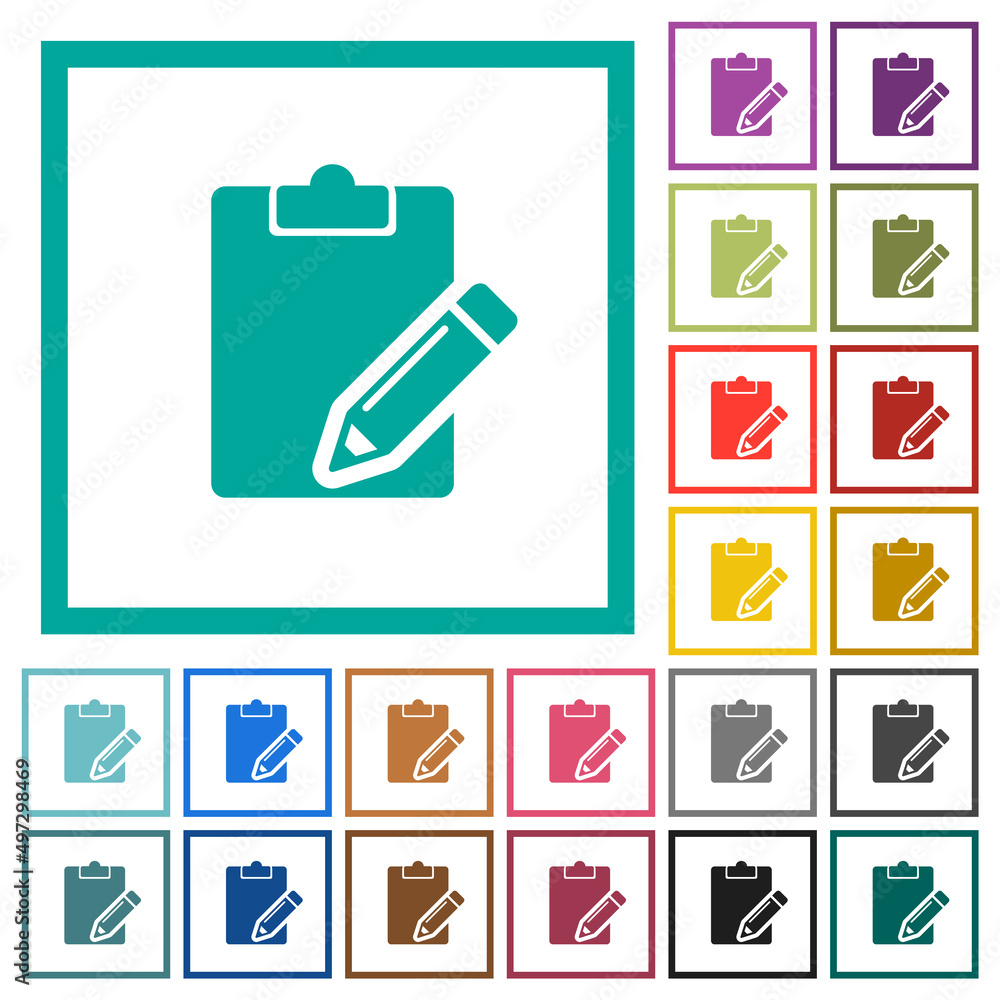 Poster blank notepad with pencil solid flat color icons with quadrant frames