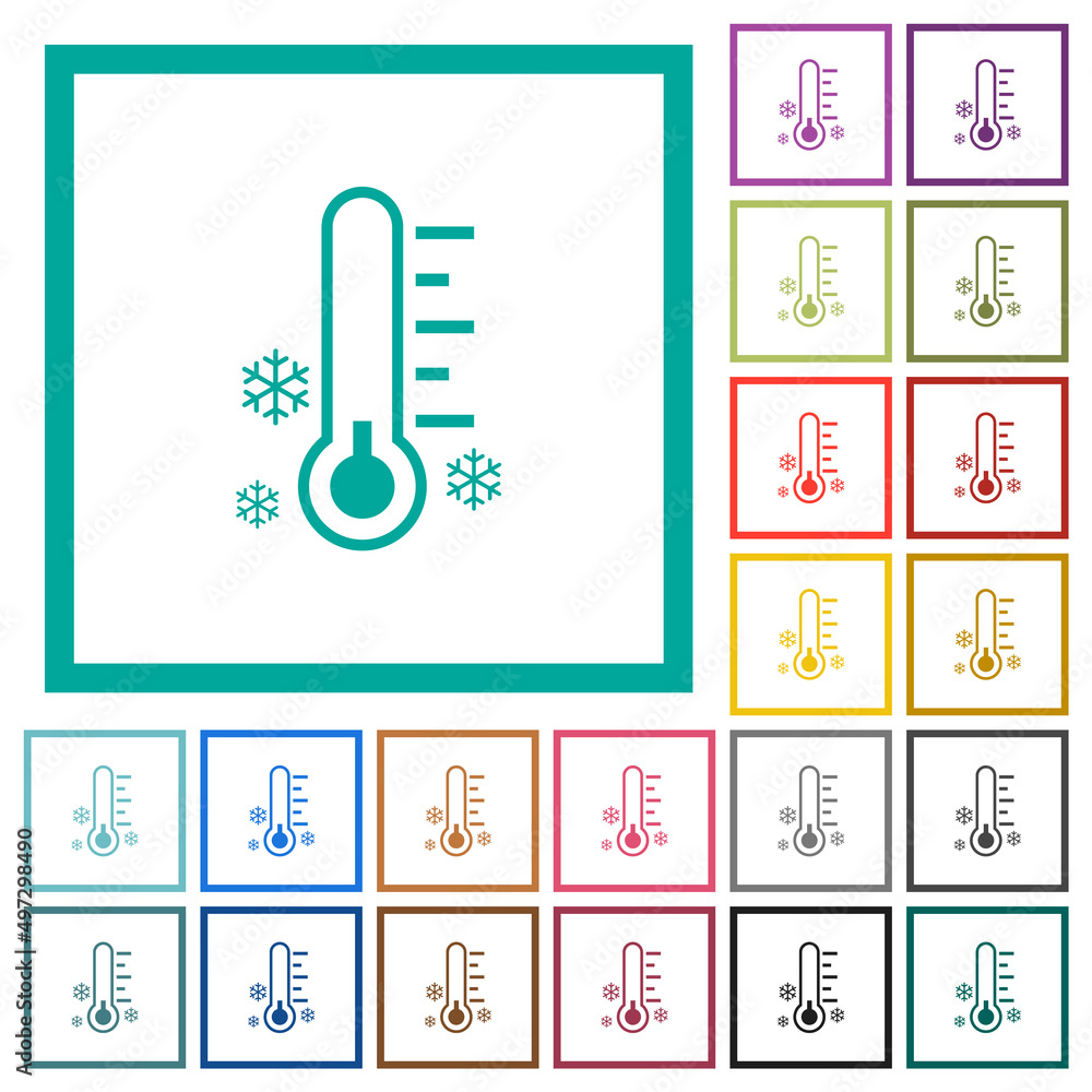Poster thermometer frosty temperature flat color icons with quadrant frames