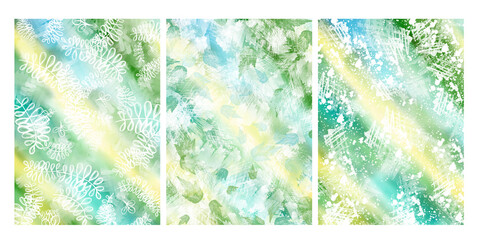 Floral grunge background for design. Set of backgrounds for invitations, cards, posters, wallpapers. Watercolor effect with patterns and textures. Blue, yellow, green gradient