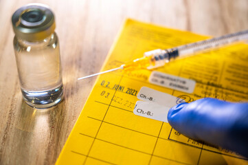 Impfausweis mit Spritze und Injektionsglas zum Thema Impfungen