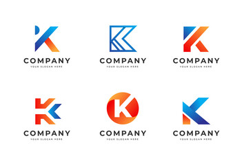 Big bundle set of colorful letter K logo design. Vector design element, with variety K logo gradient style element, business sign, logos, identity, vector illustrations.