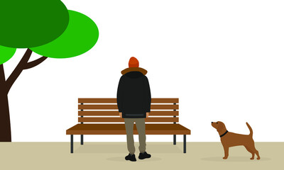 
Tree, bench, male character and dog on a white background