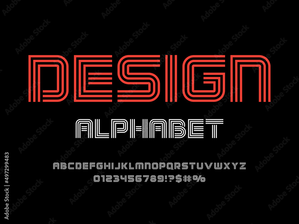Poster modern line style alphabet design with uppercase, numbers and symbols