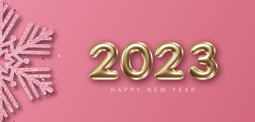 2023 New Year card template with decorative snowflake and glittering 3d numbers on pink background