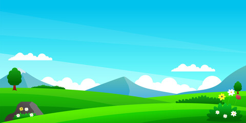 Nature landscape vector illustration with green meadow and blue sky suitable for background