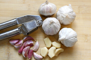 Garlic bulb and garlic cloves, cooking ingredients for many mediterranean dishes 