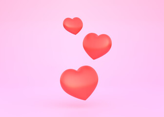 Red hearts on pink background. Creative minimal concept. Like sign. 3D rendering, 3D illustration