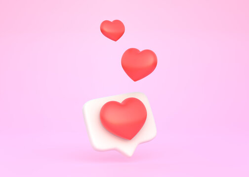 Heart in speech bubble icon on a pink background. Love like heart social media notification icon. Emoji, chat and Social Network. 3d rendering, 3d illustration